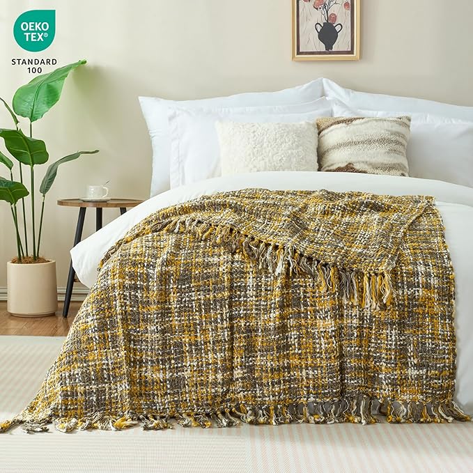 Multi-Color Gold Cable Woven Throw Blanket for Couch,50"X60" Boho Style Textured Blankets for Home Decor,Super Soft Warm Cozy Chunky Blanket with Decorative Tassels for Bed and Sofa