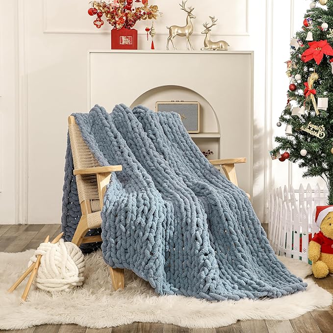 WESHIONGOO Chunky Knit Blanket Throw 51"×63" Knitted Throw Blankets for Couch Bed Fluffy Soft Blanket with Jumbo Chenille Yarn Thick 100% Handmade(Dusty Blue)