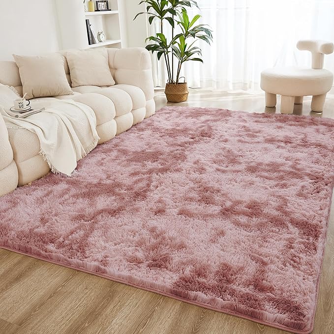 Litanika 6x9 Shag Area Rug for Living Room Bedroom, Tie-Dyed Dusty Pink High Pile Soft Plush Shaggy Furry Bedside Playroom Dorm Carpet, Non-Slip, Non-Shedding Modern Indoor Floor Rug
