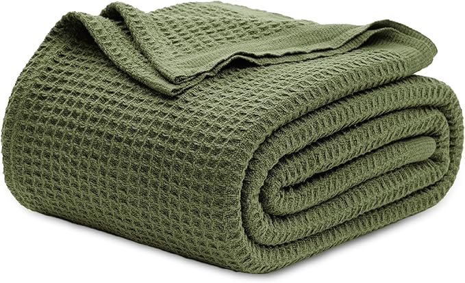 Bedsure Gentlesoft 100% Cotton Blanket King Size for Bed - Breathable and Soft for Spring Summer, Thick Cozy Waffle Weave Blanket Gifts for Women, Olive Green, 104x90 inches