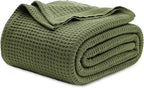 Bedsure Gentlesoft 100% Cotton Blanket Twin XL Size for College Dorm - Breathable and Soft for Spring Summer, Waffle Weave Twin Blanket for Bed, Dorm Room Essentials, Olive Green, 66x90 inches