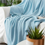 Longhui bedding 100% Cotton Light Blue Lightweight Cable Knit Throw Blanket for Couch Sofa Bed Home Décor Bonus Laundering Bag – Large 60 x 80 Inch, Machine Washable, Blue Color