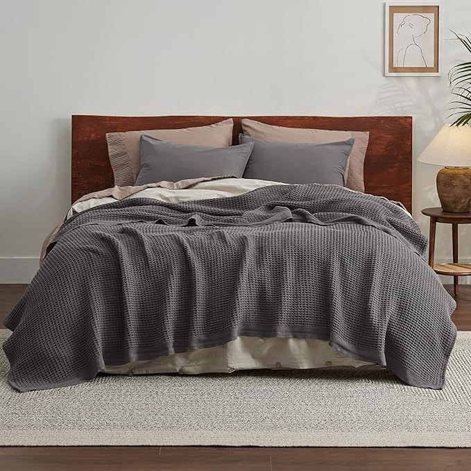 Bedsure Gentlesoft 100% Cotton Blanket King Size for Bed - Cooling Breathable and Soft for Spring Summer, Thick Cozy Waffle Weave Blanket Gifts for Women, Dark Grey, 104x90 inches