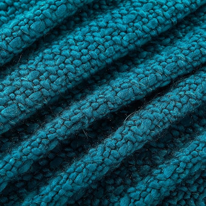 Chunky Knit Throw Blanket with Braided Tassels 50" x 60", Hand Knitted Soft Thick Yarn Basket Weave Boho Farmhouse Blanket, Plush Fluffy Tassel Decor Throw for Couch Bed Sofa, Dark Teal