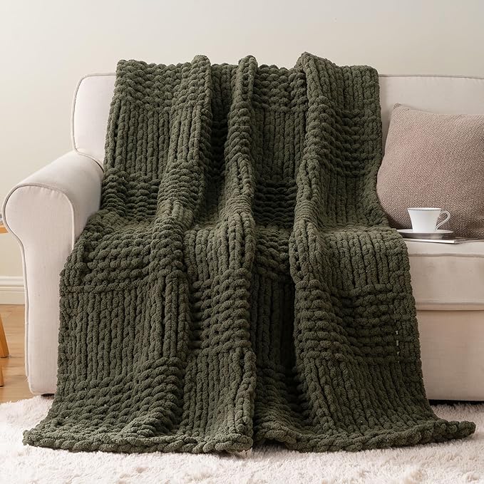 Bunnikins & Clover Olive Green Throw Blanket for Couch, Chunky Knit Blanket Throw with Chenille Yarn for Bed Living Room Home Decor, 50"x60"