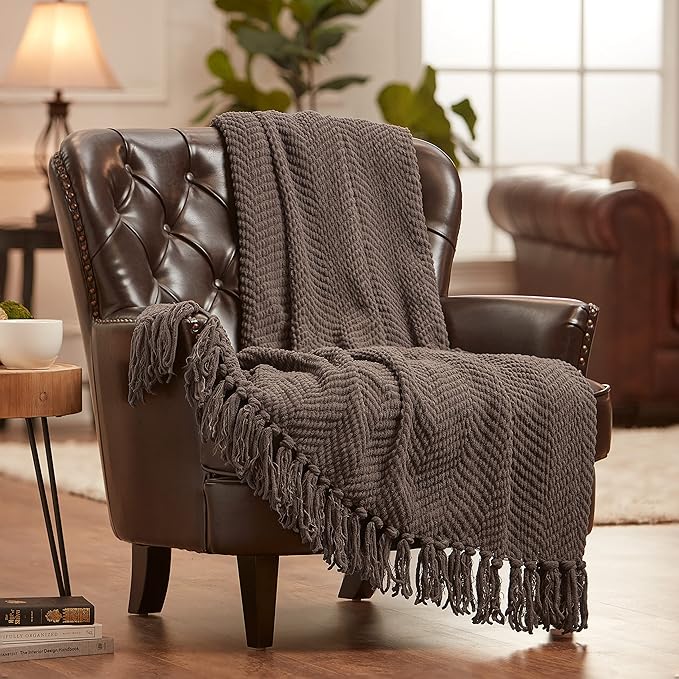 Chanasya Premium Textured Knit Throw Blanket with Tassels - Soft, Cozy Blanket for Couch, Bed, Living Room - 50" x 65” - Morel
