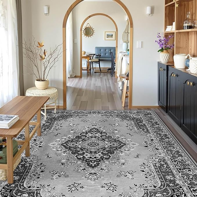 CRYPTOLITE 9x11 Area Rug for Living Room, Modern Washable Rug Non Slip Low Pile Large Area Rugs for Living Room, Bedroom, Farmhouse, Dining Room, Grey