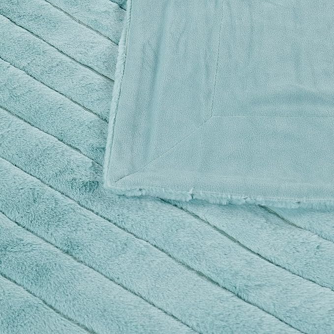 Striped Throw Blanket and Pillow Covers Set (No Inserts) for Couch and Bed, Plush Warm Lightweight Fuzzy Faux Fur Blanket for All Seasons (50" x 60", Pastel Blue)
