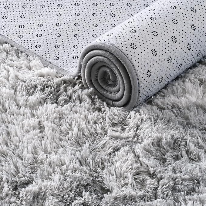 ISEAU Super Soft Rugs for Bedroom Shaggy Area Rug, 3x5 Feet Tie-Dye Shaggy Carpet Mats for Dorm, College, Apartment, Living Room, Non-Slip Abstract Fuzzy Rugs for Girls Boys Kids Room, Light Grey