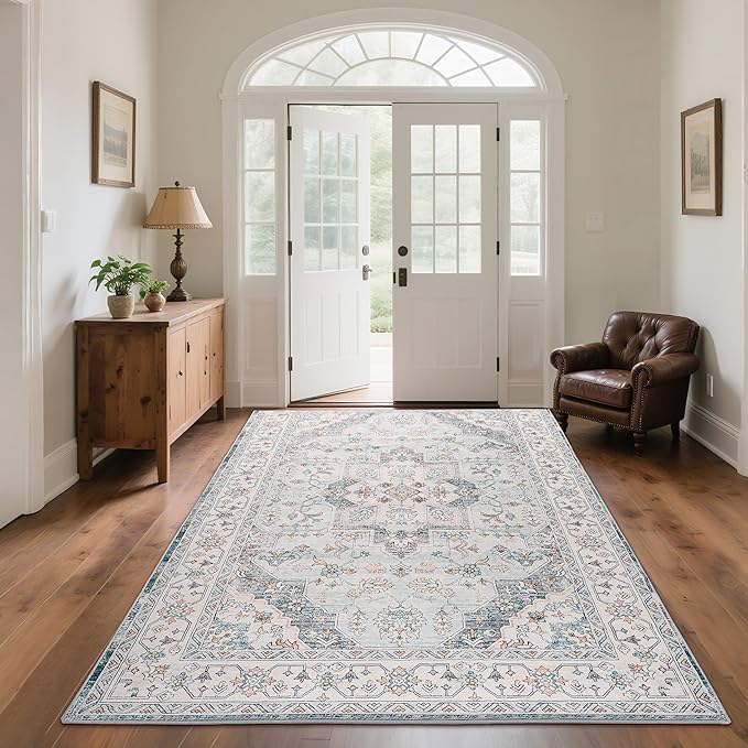 CRYPTOLITE Vintage Area Rug 5x7 Rugs, Machine Washable Rug Non-Slip Low Pile Rug for Living Room, Bedroom, Farmhouse, Dining Room, Blue