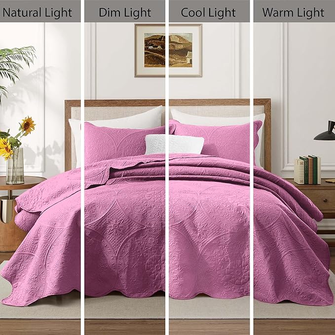 IR Imperial Rooms 8 Pack California King Quilt Bedding Set (118"x106") - Bulk Wholesale for Hotels, Guest Bedroom & Airbnbs - Microfiber Reversible Floral Embossed Quilts Bedspreads (Purple)