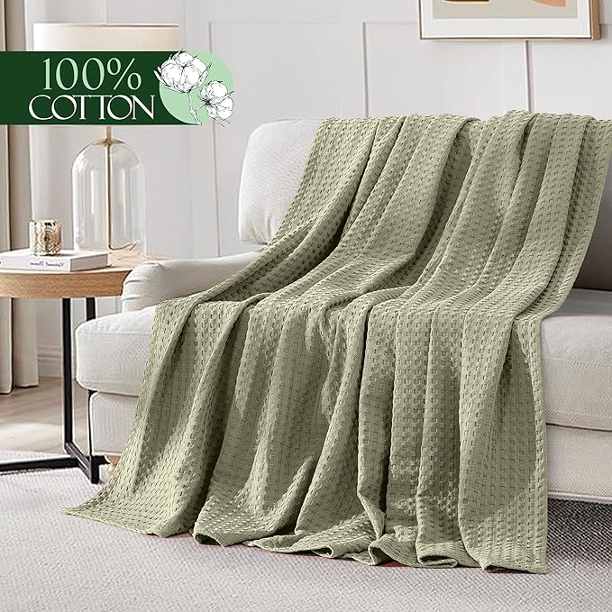Elegant Comfort Premium 100% Cotton Waffle Blanket - Lightweight Breathable Waffle Weave Bed Blanket - Soft and Warm All Season Blanket for Couch, Sofa and Bed, Twin Size 68x88 Inches, Sage