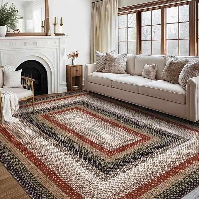 RUGSREAL Large Living Room Area Rug 10x13 Braided Washable Rug Non Slip Bedroom Carpet Stain Resistant Dining Room Throw Braid Printed Rug Farmhouse Accent Carpet for Home Decor Office, Crimson/Earthy
