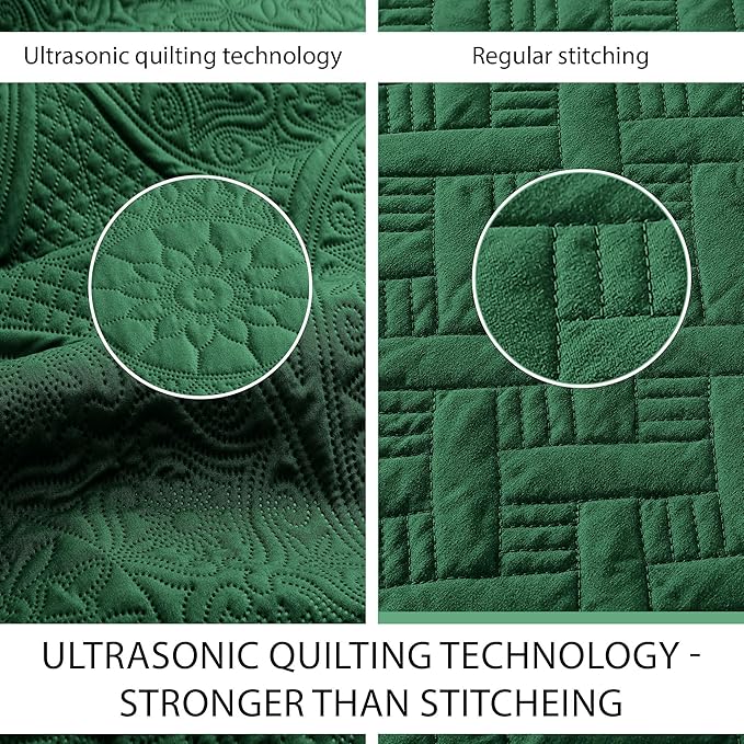 IR Imperial Rooms King Quilt Bedding Set Size (106" x 96") + 2 Pillow Shams (20" x 36"+ 2") - 3 Pcs All Season Lightweight Reversible Microfiber Coverlet Floral Embossed Quilt Bedspread (Emerald)
