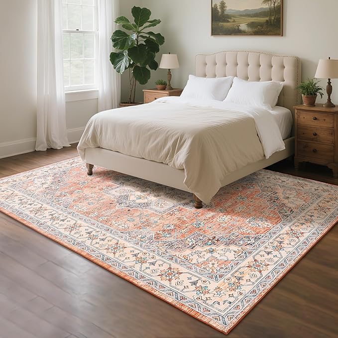 CRYPTOLITE 9x11 Area Rug for Living Room, Modern Washable Rug Non Slip Low Pile Large Area Rugs for Living Room, Bedroom, Farmhouse, Dining Room,Orange