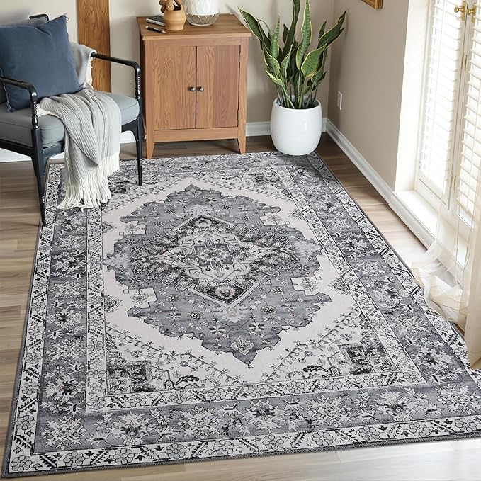 CRYPTOLITE Vintage Area Rug 5x8 Rugs, Machine Washable Vintage Area Rug Non-Slip Low Pile Large Rug for Living Room, Bedroom, Farmhouse, Dining Room, Grey
