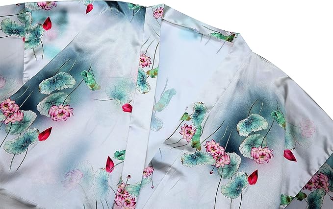 Valennia Women Long Silky Bathrobe Satin Kimono Robe Floral Printed Dressing Gown Sleepwear