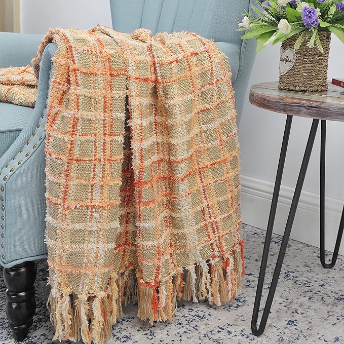 Multicolored Chenille Knitted Throw Soft Cozy Fluffy Reversible Boho Plaid Throw Blanket with Tassels for Couch Chair Bed Cover Living Room Bedroom Décor, 60" x 80", Burnt Orange