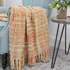 Multicolored Chenille Knitted Throw Soft Cozy Fluffy Reversible Boho Plaid Throw Blanket with Tassels for Couch Chair Bed Cover Living Room Bedroom Décor, 60" x 80", Burnt Orange