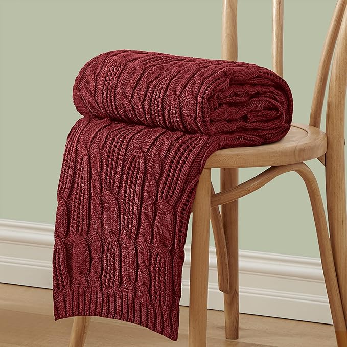 Aormenzy Cable Knit Throw Blankets 60 x 80 Inches, Soft Cozy and Lightweight Knitted Blanket, Machine Washable Acrylic Blanket, Decorative Throw Blanket for Couch Sofa Bed, Dark Red