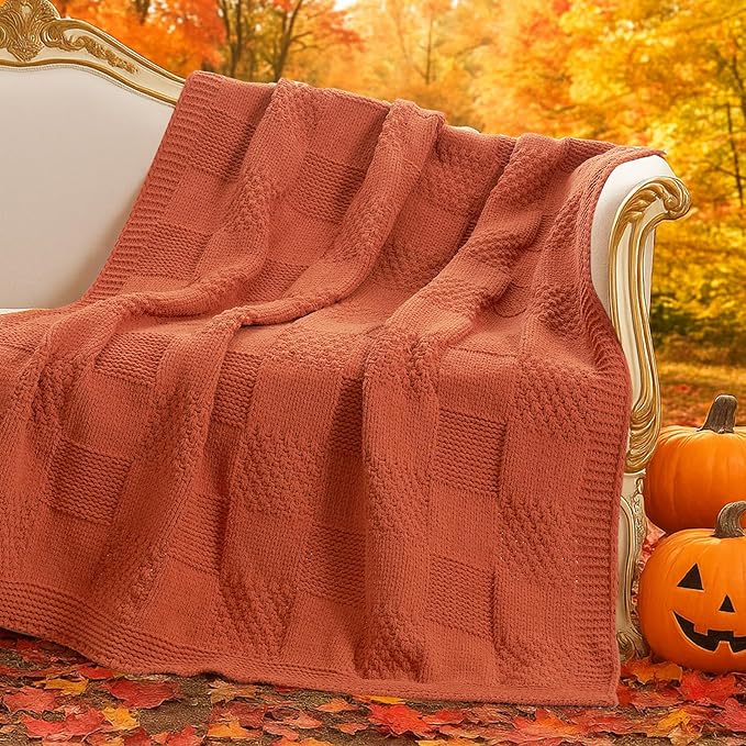 Amélie Home Knit Throw Blanket, Soft Chenille Cozy Breathable Checkered Chunky Decorative Blanket for Couch, Bed & Sofa, French-Inspired Lightweight Warm Gift for Women, Orange, 50"x60"