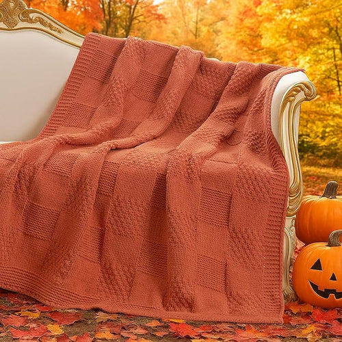 Amélie Home Knit Throw Blanket, Soft Chenille Cozy Breathable Checkered Chunky Decorative Blanket for Couch, Bed & Sofa, French-Inspired Lightweight Warm Gift for Women, Orange, 50"x60"