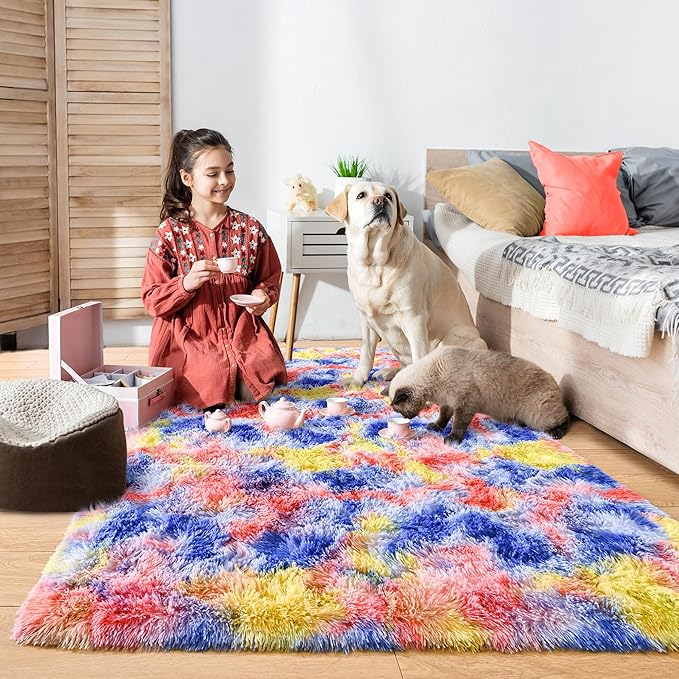 Noahas Rainbow Rug, 4x6 Feet, Blue/Yellow, High Pile, Machine Made, Non-Slip Grip, Machine Wash, Girls Room Decor