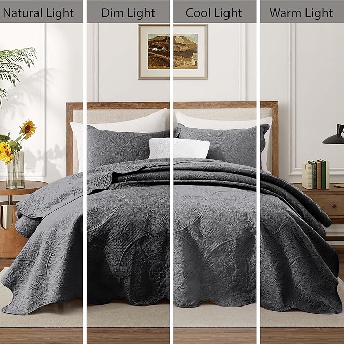IR Imperial Rooms Twin Quilt Bedding Set Size (68” x 86”) + 1 Pillow Shams (20” x 26” + 2”) - 2 Pcs All Season Lightweight Reversible Microfiber Coverlet Floral Embossed Quilt Bedspread (Charcoal)
