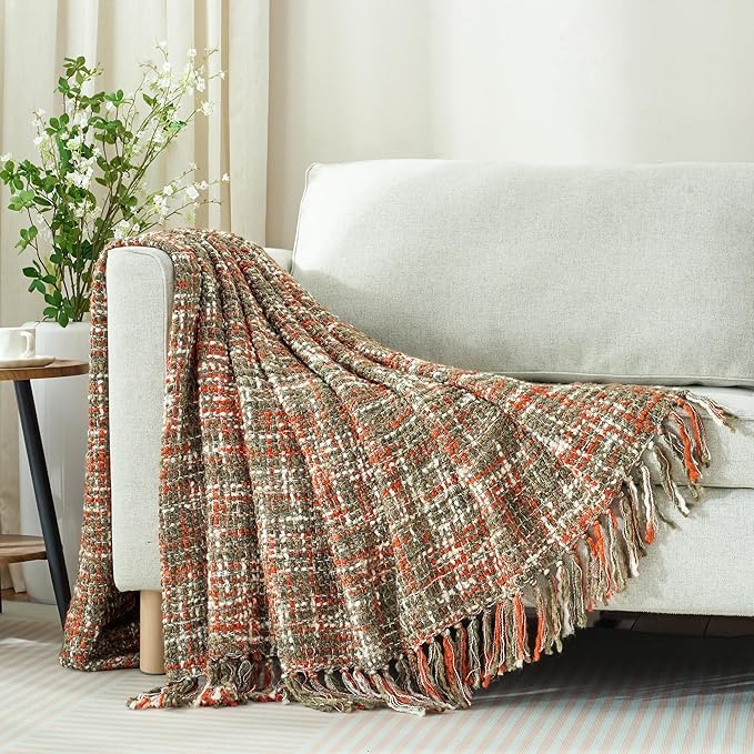 Multi-Color Orange Cable Woven Throw Blanket for Couch,60"X80" Boho Style Textured Blankets for Home Decor,Super Soft Warm Cozy Chunky Blanket with Decorative Tassels for Bed and Sofa
