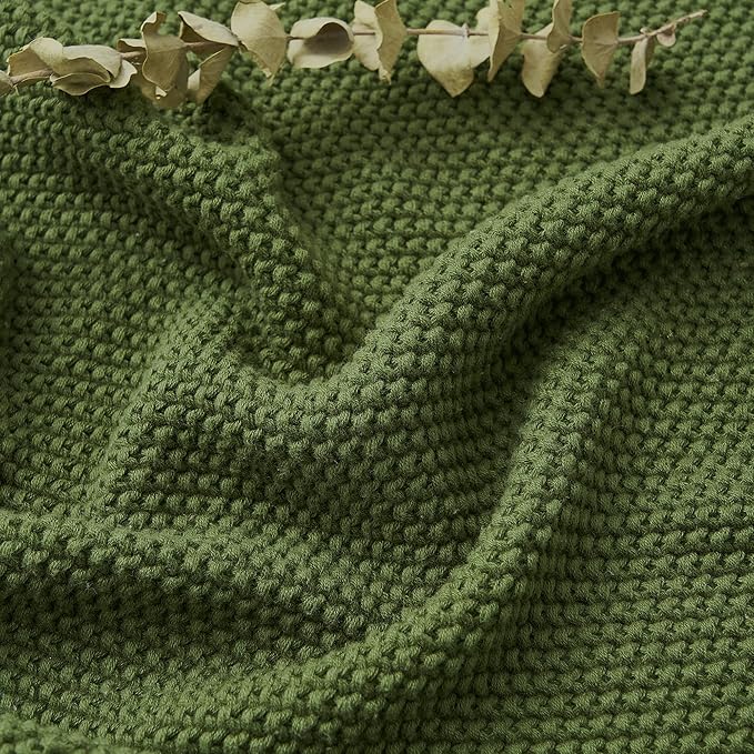 Longhui bedding Olive Green Cotton Cable Knit Throw Blanket for Couch Sofa Bed, Home Decorative Lightweight Knitted Blankets with Bonus Laundering Bag, 60“ x 80”, Machine Washable