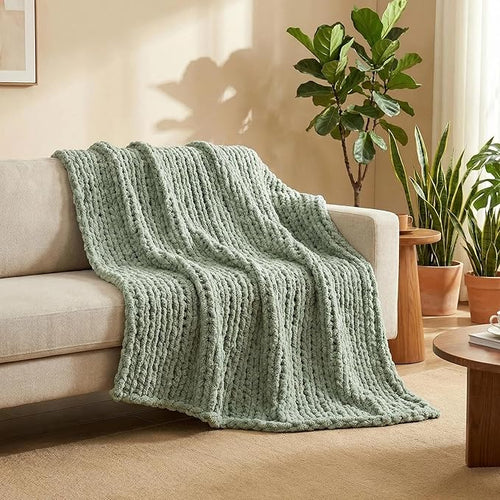 Amélie Home Chunky Knit Throw Blanket for Couch, Soft Chenille Handmade Crochet Throw Rope Knot Blanket for Children, 40"x50", Sage Green