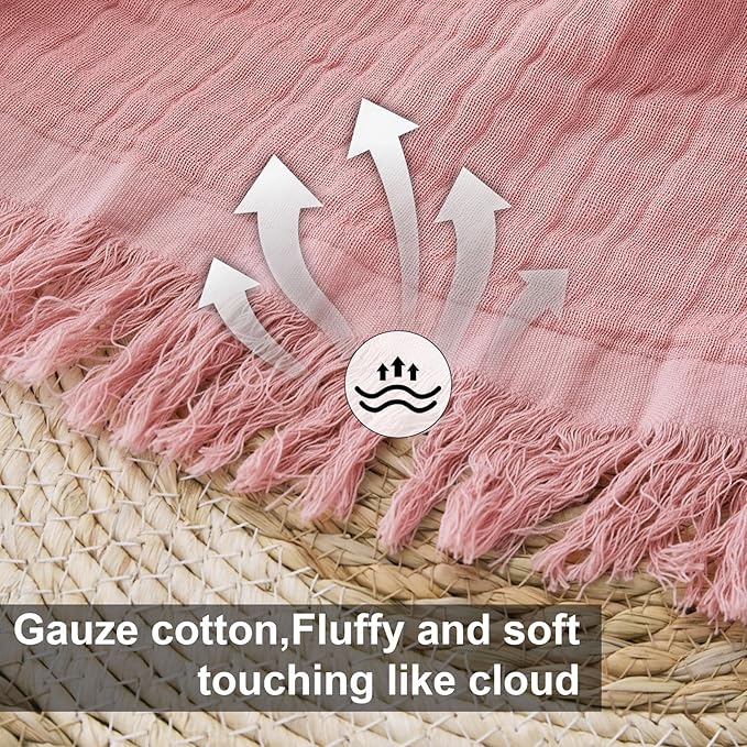 Cotton Muslin Throw Blanket with Tassels, Lightweight Woven Gauze, Pre-Washed Breathable Farmhouse Decor for Bed, Couch, All-Season Use (Dusty Pink, 50" x 60")