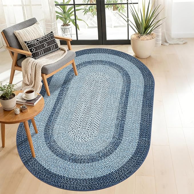 5x8 Oval Living Room Area Rug Washable Modern Border Bedroom Bedside Area Rugs Non Slip Low Pile Dining Room Oval Throw Carpet Contemporary Rugs for Living Room Kitchen Nursery, Blue