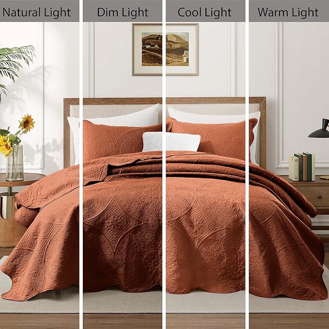 IR Imperial Rooms 10 Pack Queen Quilt Bedding Set (90" x 96") - Bulk Wholesale for Hotels, Guest Bedroom & Airbnbs - Lightweight Microfiber Reversible Floral Embossed Quilts Bedspreads (Rust)