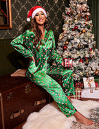 Ekouaer Women's Classic Button Down Long Satin Silk Pajama Set