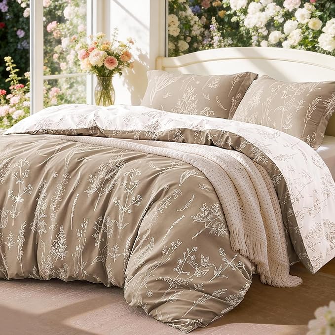 Love's cabin Light Taupe Comforter Set King - King Size Comforter Set, 3 Pieces Cute Floral Bedding Sets for All Seasons,1 Soft Reversible Botanical Flowers Comforter and 2 Pillow Shams