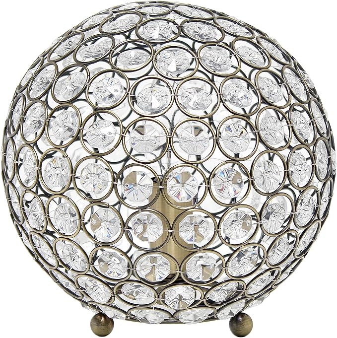 Elegant Designs LT1026-ABS 8" Elipse Crystal Collection Metal Crystal Ball Sequin Table Desk Lamp for Accent Lighting, Décor, Living Room, Antique Brass