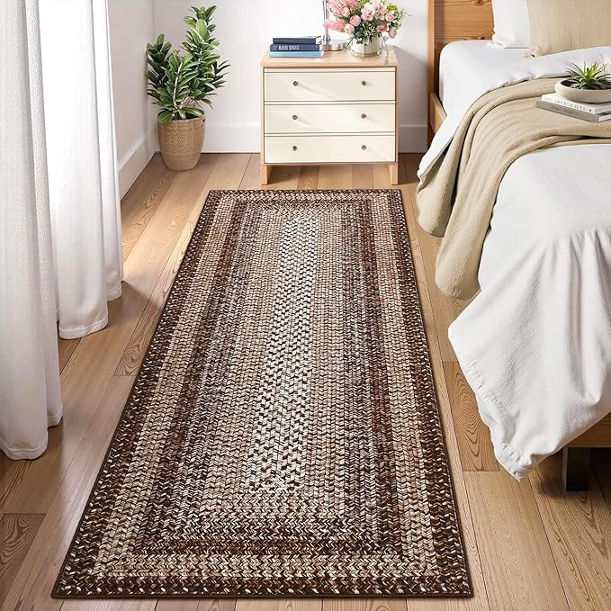 RUGSREAL Runner Rug for Hallway Kitchen Runner Carpet 2x10, Machine Washable Long Runner Throw Mat, Non Slip Entryway Rug Stain Resistant Braided Printed Carpet for Bedroom Living Room, Brown