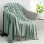 Chenille Throw Blanket for Couch with Tassels,50"X60" Soft Lightweight Knitted Boho Decorative Blankets for Bed and Sofa,Sage Green