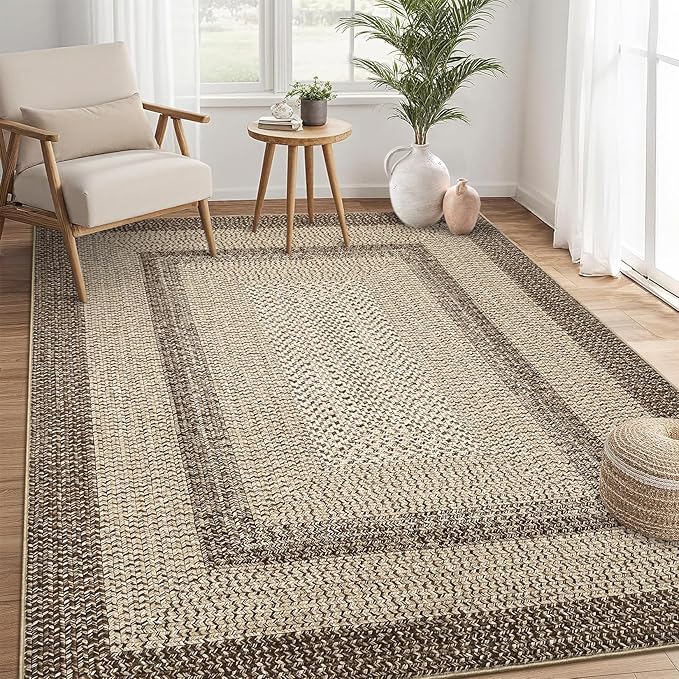 RUGSREAL Boho Rug 4x6 Bedroom Machine Washable Rug Braided Print Floor Cover Dining Room Throw Carpet with Rubber Backing Farmhouse Rustic Accent Rug for Living Room Home Decor, Camel