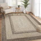 RUGSREAL 10x13 Large Living Room Rug Braided Print Boho Accent Throw Carpet Farmhouse Rustic Rug with Rubber Backing Geometric Bordered Area Rug Bohemian Carpet for Bedroom Home Decor Office, Camel