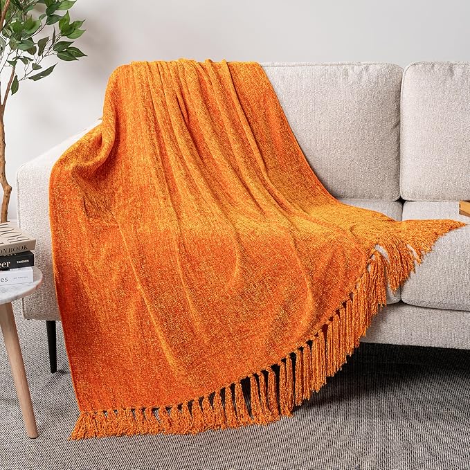 Pavilia Orange Knit Woven Blanket with Tassel, Decorative Textured Blanket for Living Room, Twin Size 60x80