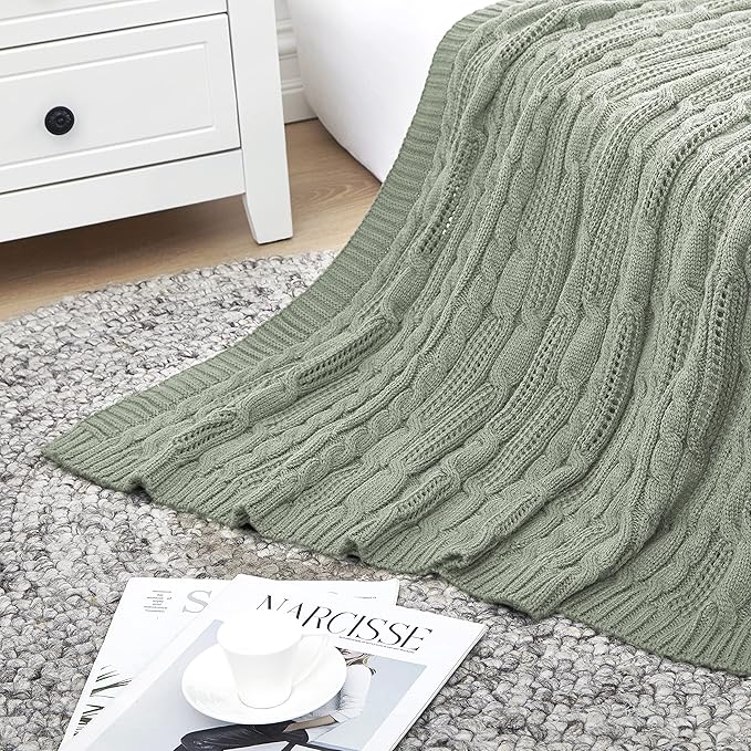 Aormenzy Cable Knit Throw Blankets 60 x 80 Inches, Soft Cozy and Lightweight Knitted Blanket, Machine Washable Acrylic Blanket, Decorative Throw Blanket for Couch Sofa Bed, Sage Green