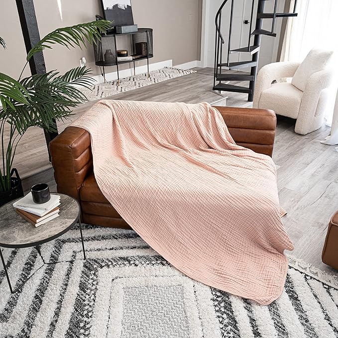 Comfy Cubs Muslin Blanket for Adults Twin 90" x 66" - 6 Layer Soft, Breathable & Lightweight Muslin Adult Blanket - Machine Washable & Designed in The US Bedding for All Seasons - Blush