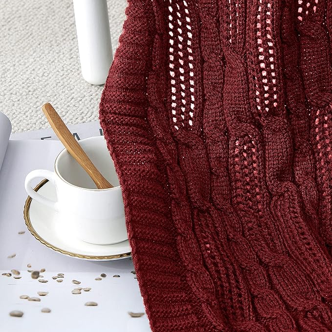 Aormenzy Cable Knit Throw Blankets 50 x 60 Inches, Soft Cozy and Lightweight Knitted Blanket, Machine Washable Acrylic Blanket, Decorative Throw Blanket for Couch Sofa Bed, Dark Red