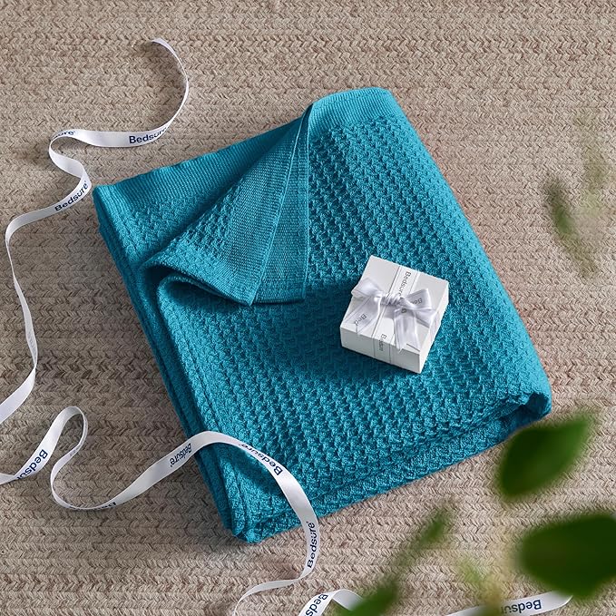 Bedsure Gentlesoft 100% Cotton Blanket Queen Size for Bed - Breathable and Soft for Spring Summer, Thick Cozy Waffle Weave Blanket Gifts for Women, Teal, 90x90 Inches