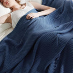 Bedsure Gentlesoft 100% Cotton Big Blanket Oversized King for Bed - Large Breathable Thick Cooling Waffle Weave Blanket for Summer, Couch Cover, Navy, 120x94 inches