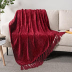 PAVILIA Burgundy Red Chenille Throw Blanket for Couch Sofa, Soft Maroon Red Knit Throw with Tassel, Decorative Blanket for Bed Chair Living Room, Wine Red 50x60