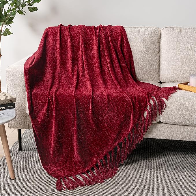 PAVILIA Burgundy Red Chenille Throw Blanket for Couch Sofa, Soft Maroon Red Knit Throw with Tassel, Decorative Blanket for Bed Chair Living Room, Wine Red 50x60