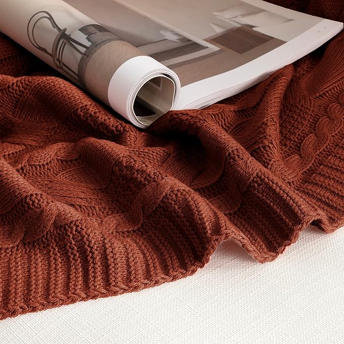 Aormenzy Red Brown Knit Throw Blanket - Cable Knit Decorative Soft Cozy Blanket for Sofa Couch Bed, 50" x 60"